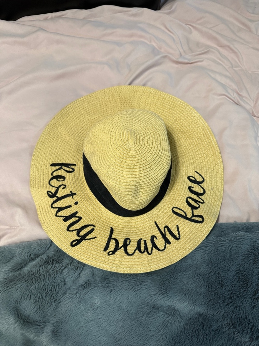 Wide Brim Straw Sun Hat - "Resting Beach Face" - Yellow with Black Band